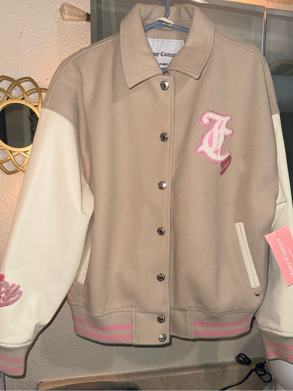 Juicy Couture Beige & Cream Varsity Jacket with Pink Logo